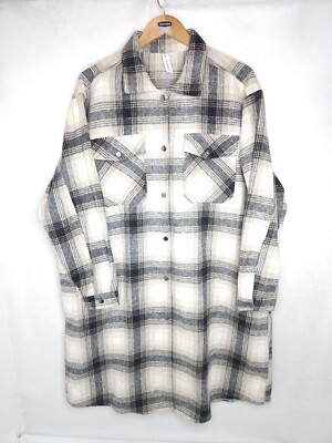 Grace + Karma Beige Tan Plaid Ivory Long Flannel Womens 2X Thick Shacket Jacket