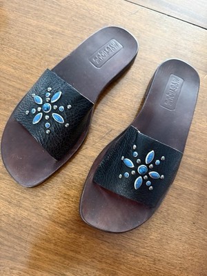Mystique Women's Leather Slip-On Slide Sandals Studded Beaded Brown/Blue 9