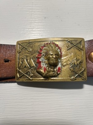 Vintage Robbins Co George Thoresen Indian Native American Brass Belt Buckle