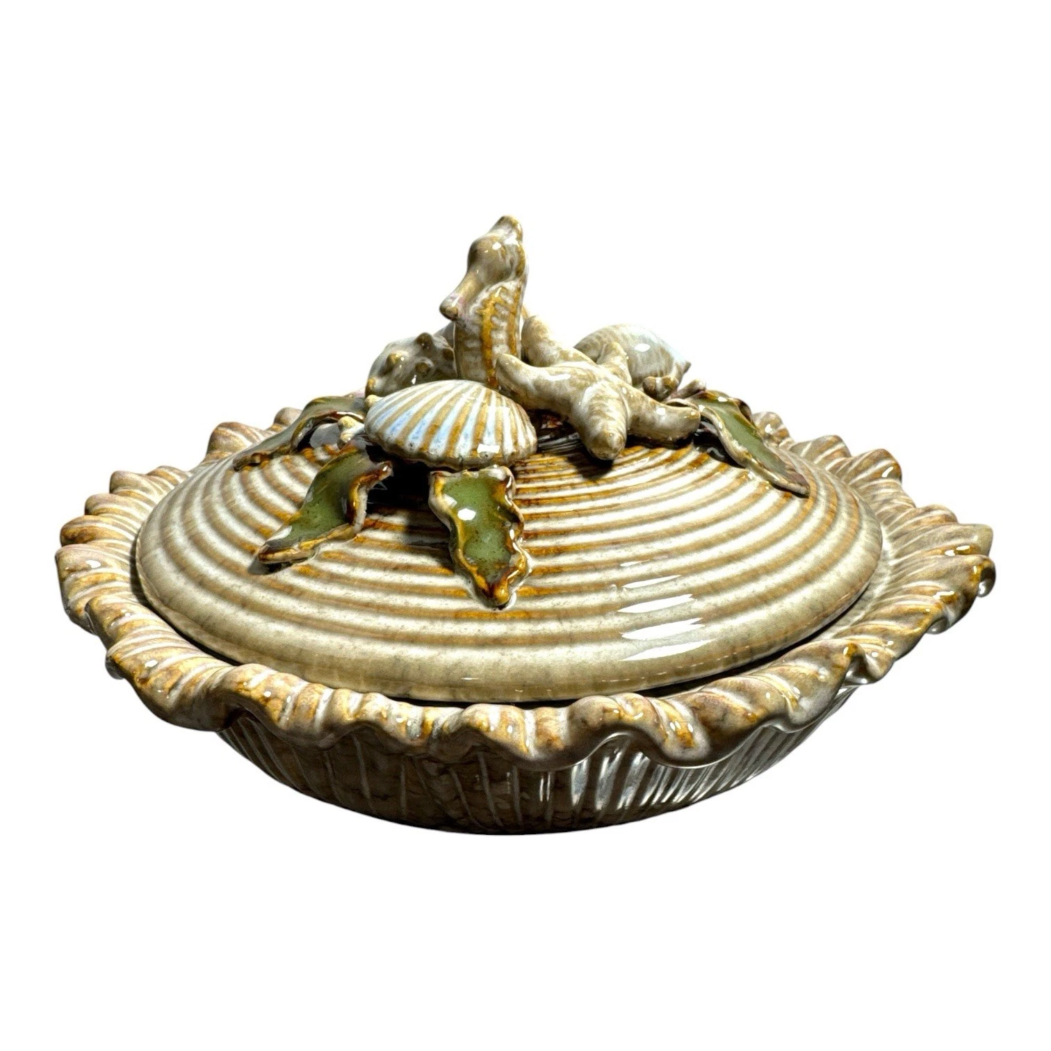 Vtg Majolica Style Nautical Seahorse Shell Ceramic Lidded Pie Baking Dish 10"
