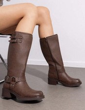 Womens Square Toe Side Zipper Knee High Chunky Low Heel Buckle Boots Fall/Winter