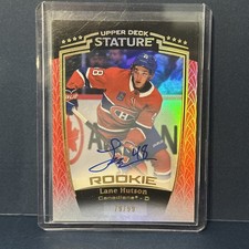 Upper Deck Stature Lane Hutson Rookie Auto Red / 99 Canadiens 2024-25