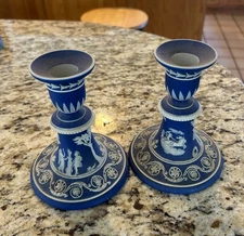 ANTIQUE WEDGWOOD COBALT BLUE JASPERWARE CANDLE HOLDERS pair