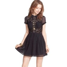 Free People Collared Lace Mini Dress 0 Black Wednesday Goth Witchy