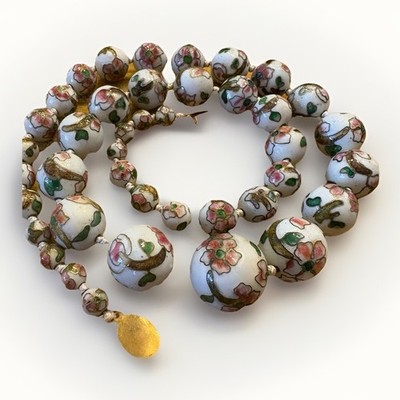 Vintage Cloisonné Hand Painted Bead Necklace W/box Floral Pink W/Gold Filagree