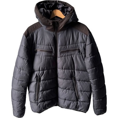 Guess Puffer Jacke Herren Large Navy Blau Kapuze Reißverschlusstaschen Winter Wattiert  