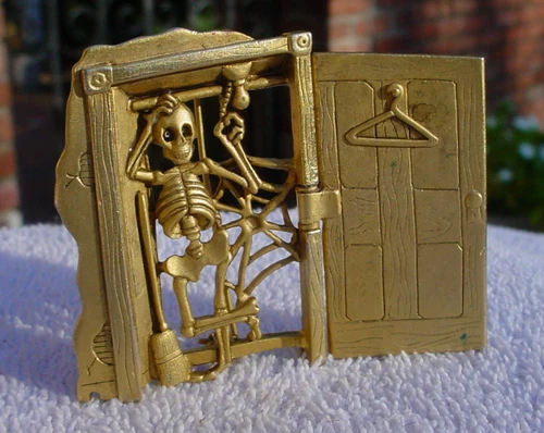 Vintage Halloween Skeleton Behind Hinged Door Costume Jewelry Brooch Solid Brass