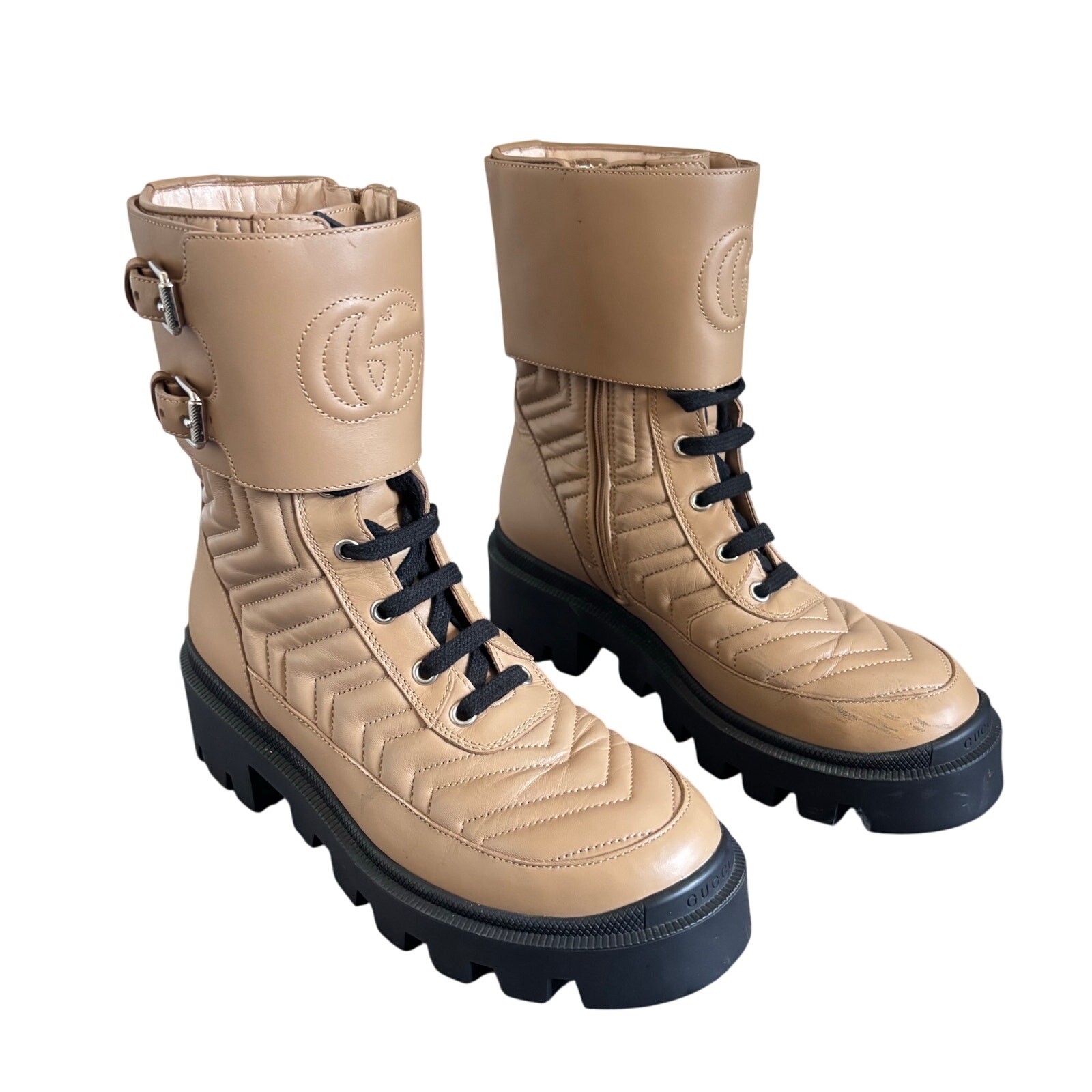 SAOLA Stivali da combattimento Gucci Frances GG suola a strappo Matelasse pelle trapuntata marrone taglia EU 37