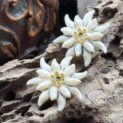 Vintage Edelweiss Clip On Earrings Alpine Flower Swiss German Austrian Celluloid