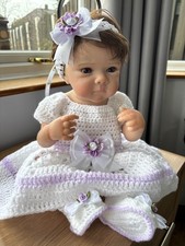 Baby Girl Dresss Mary Jane Shoes Headband Hand Crochet 0 to 3 Romany Reborn