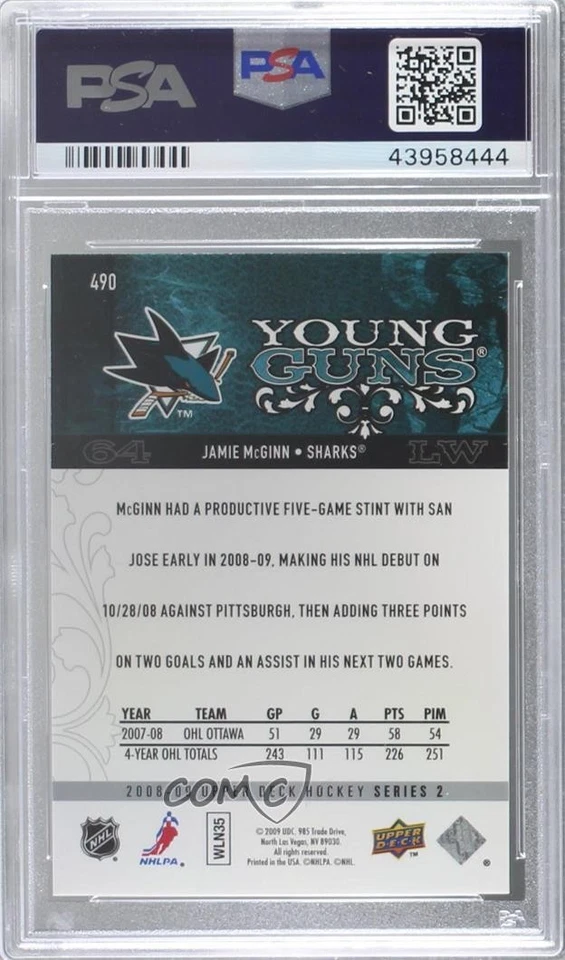 2008 Upper Deck Young Guns UD Exclusives /100 Jamie McGinn PSA 9 MINT Rookie RC - Image 2 of 2