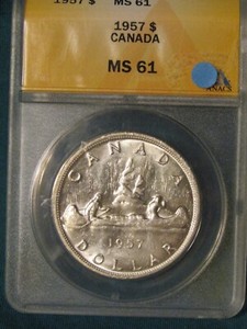 1957 CANADA SILVER $1 DOLLAR...ANACS MS-61