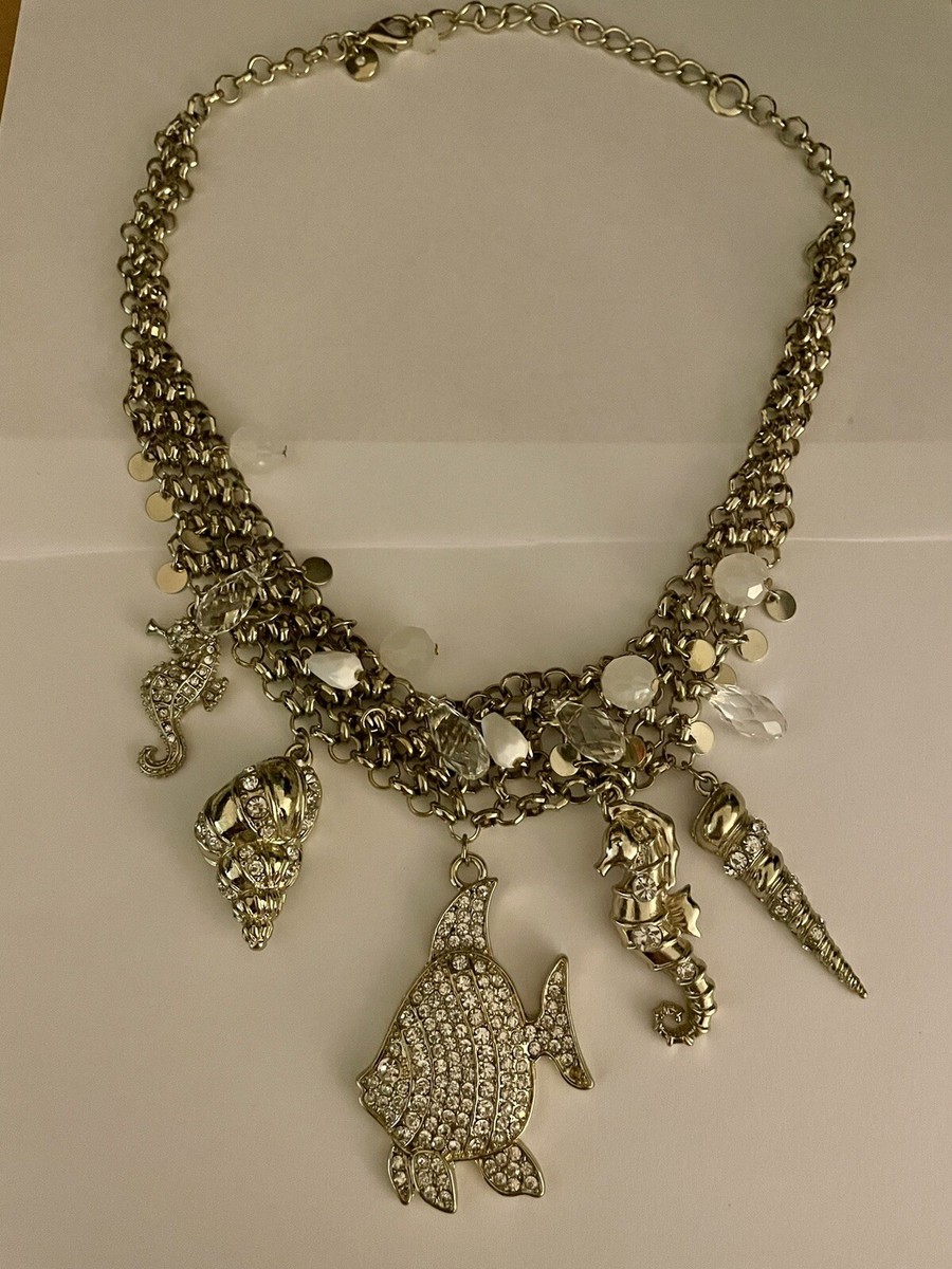 Ocean Lovers Gold tone Rhinestones Necklace Fish,Shells,Seahorses