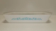 Vintage Glasbake Turquoise Blue Floral Loaf Utility Dish Milk Glass USA 1960s