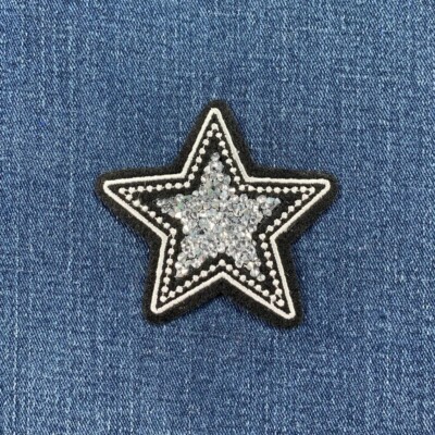 Crystal Star Applique Patch - Black White & Silver Embroidered Badge 2-7/8''