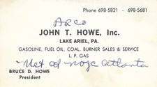 Vintage 1970'S ARCO JOHN T. HOWE INC. BUSINESS CARD LAKE ARIEL PENNSYLVANIA S4