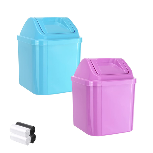 2 Stück Kunststoff Mini Papierkorb Mülleimer mit Schwingdeckel mit 4 Rollen Mülleimer Ba