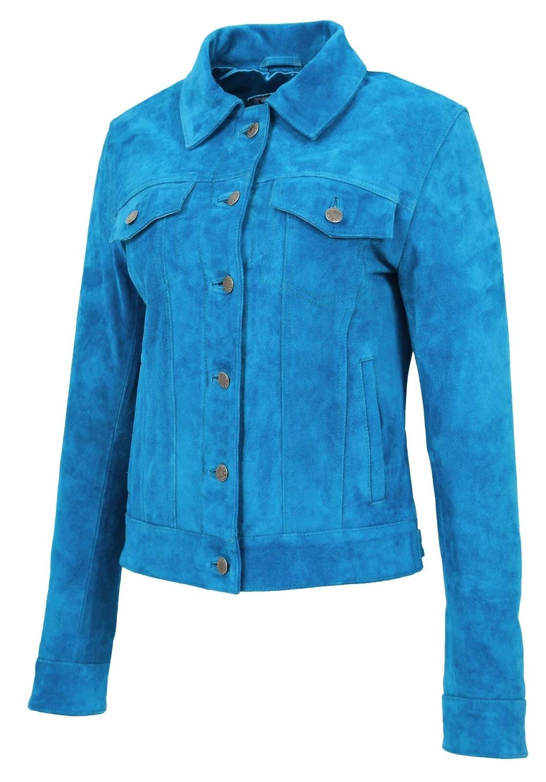 Womens Suede Trucker Jacket Teal Blue American Western Girls Denim Biker Style