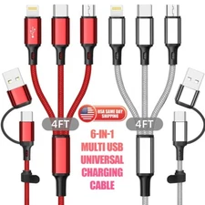 6 in 1 Multi USB C/A Charger Charging Cable Cord Type C Android Micro iPhone 4ft