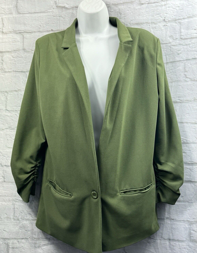 Boohoo Blazer Jacket Size 12 Khaki Green Light One Button Ruched Dark Academia