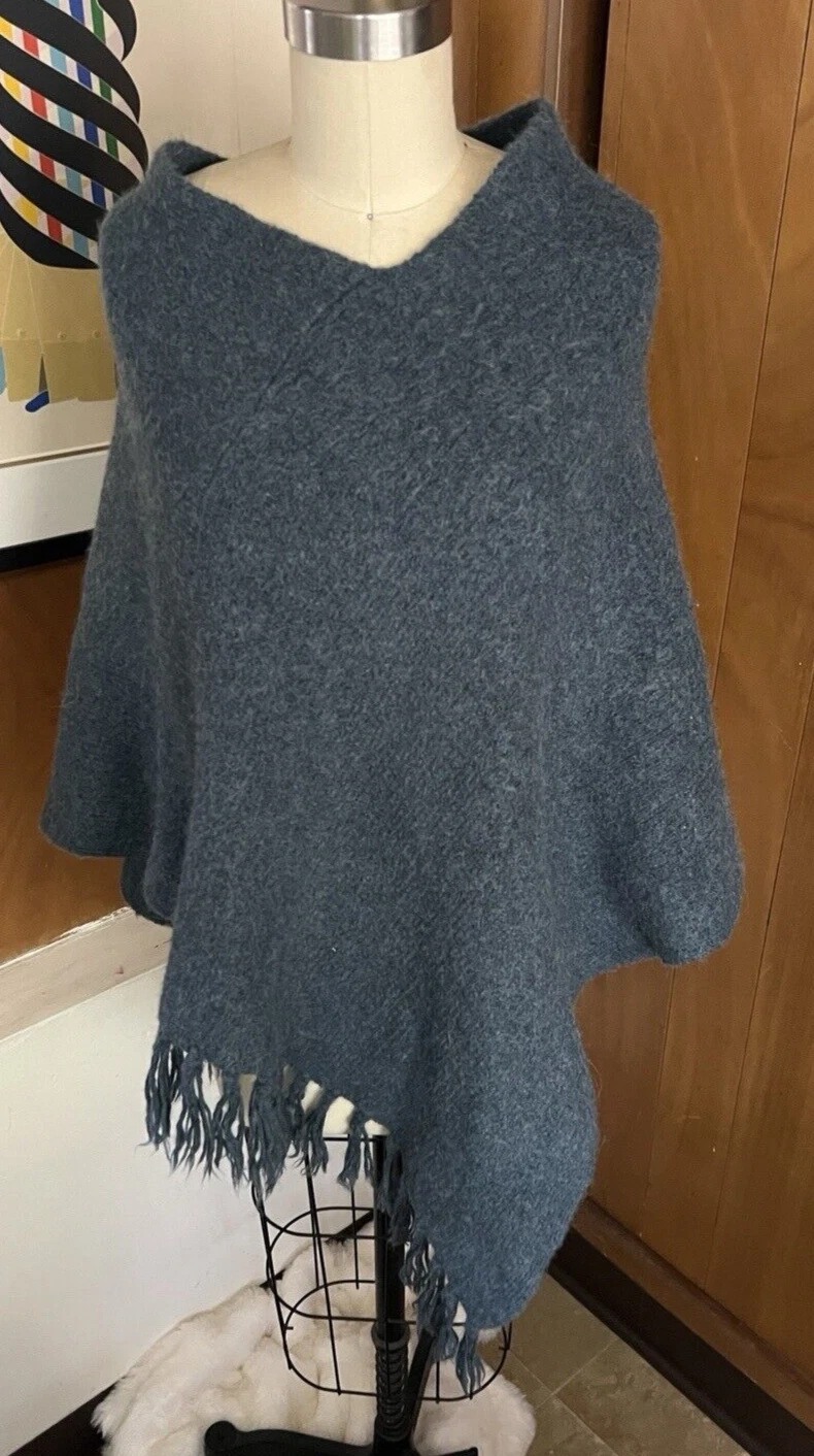 SHUPACA Poncho baby Alpaca One Size Pullover Knit Fringe Hem blue
