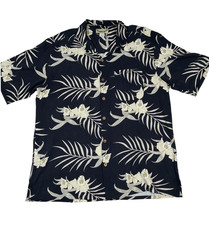 Vintage PARADISE COVES SILK SHIRT Hawaiian Camp BLACK/IVORY Floral Tropical L