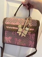 River island Brown/Pink Bow Print Satchel Faux Leather Top Handle Cross  Charm