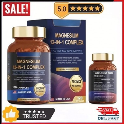 Magnesium 12 in 1 Complex 700mg - Glycinate Citrate Malate Taurate 120 Caps Gift