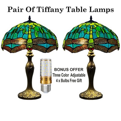 Paar 16 Zoll Tiffany Lampen grün Libelle Stil Buntglas Tischlampe
