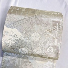 Fukuro Obi Silver Thread Chrysanthemum Wave Pattern Used Japan