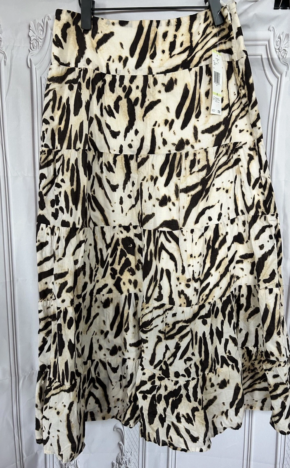 Jones NY Skirt Womens Tiered Midi Animal Print Safari Boho Hippie NEW W/Tag S-M