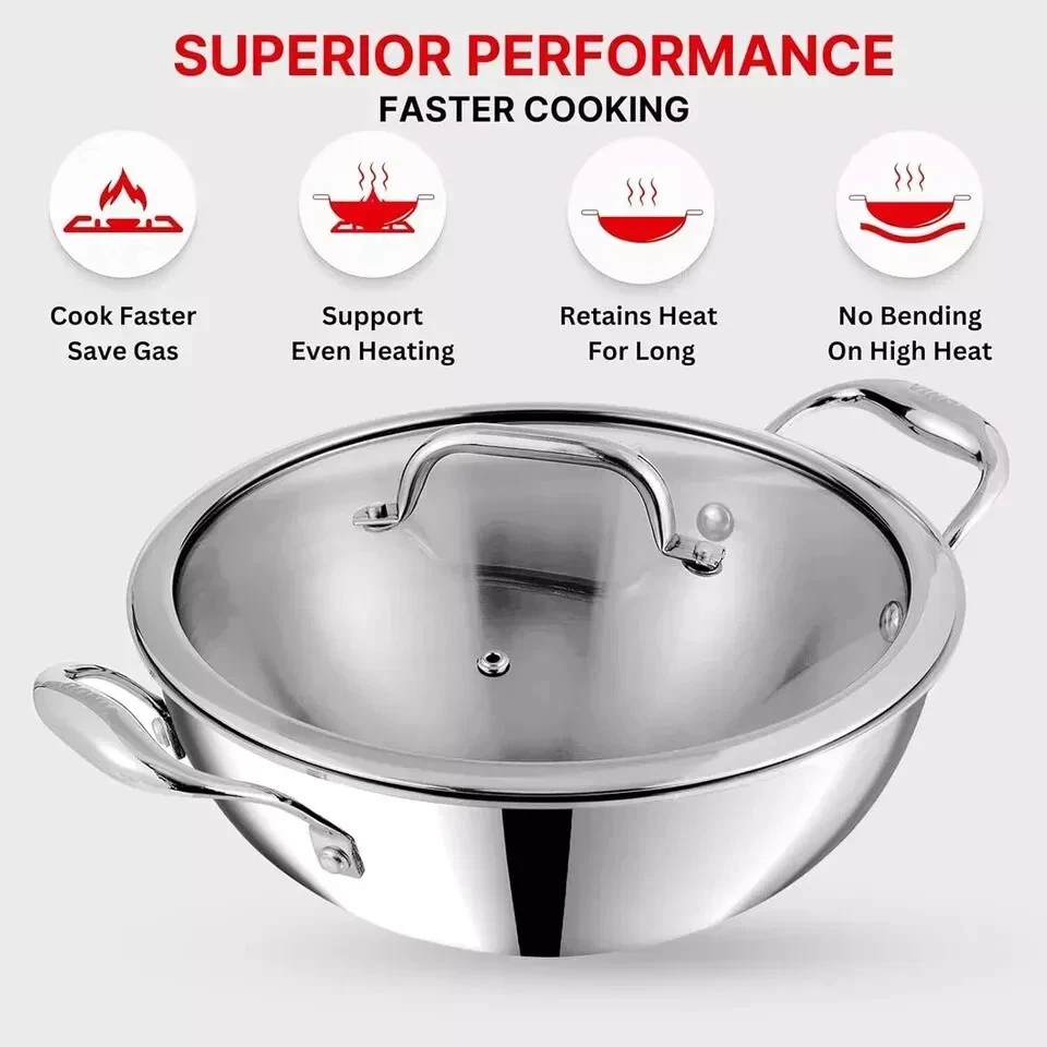 Platinum Triply Stainless Steel Kadai Wok With Glass Lid Stir Fry Induction Base
Opens in a new wind