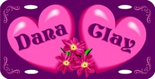 Personalized Custom Pink Hearts & Flowers Purple Background Love License Plate