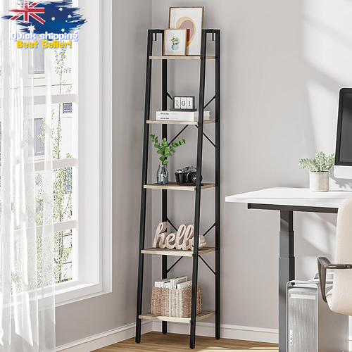 5-Tier Ladder Shelf Bookcase Corner Storage Shelving Unit with 2 Hooks Greige BC - Picture 12 of 12