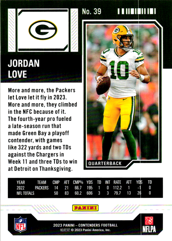 2023 Panini Contenders Jordan Love 39 Football Card Green Bay Packers