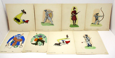 8 Ralph Hyams Primitive Art Watercolor Hand Drawings Horse Racing Matador ETC