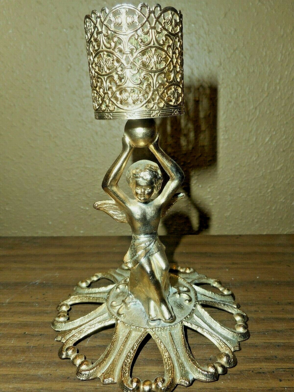 Revlon Gold Cherub Lipstick Brush Holder Vintage Pedestal Stand-image