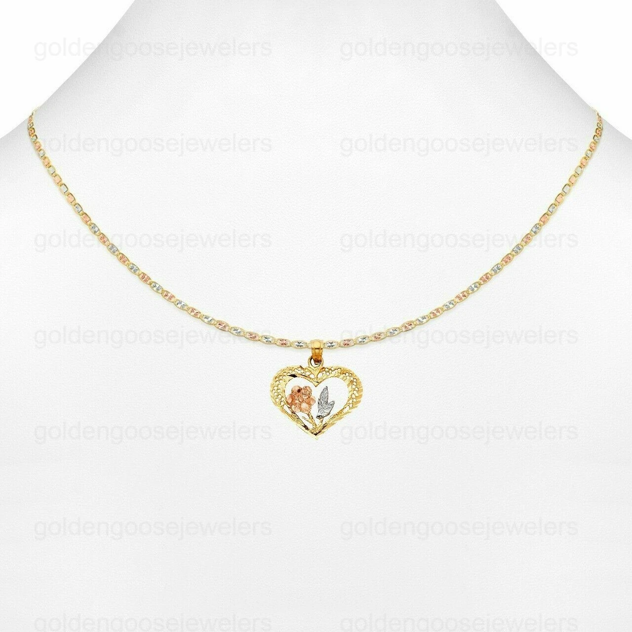 Ciondolo in vero oro 14 kt tricolore cuore con ciondolo rosa catena Valentino
