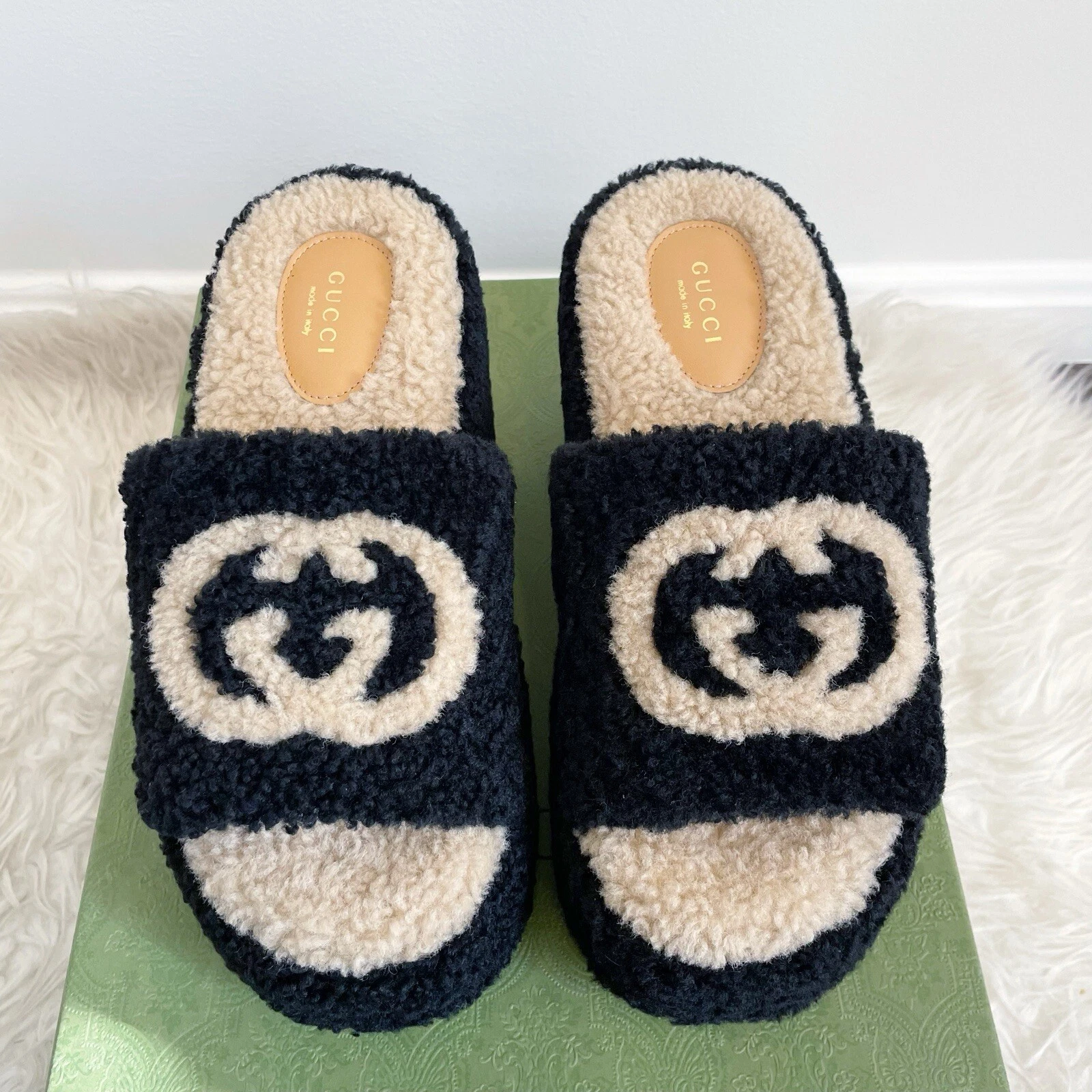 Gucci Elea Shearling GG Incastro G Platform Slide Zeppa Nero Butterscotch