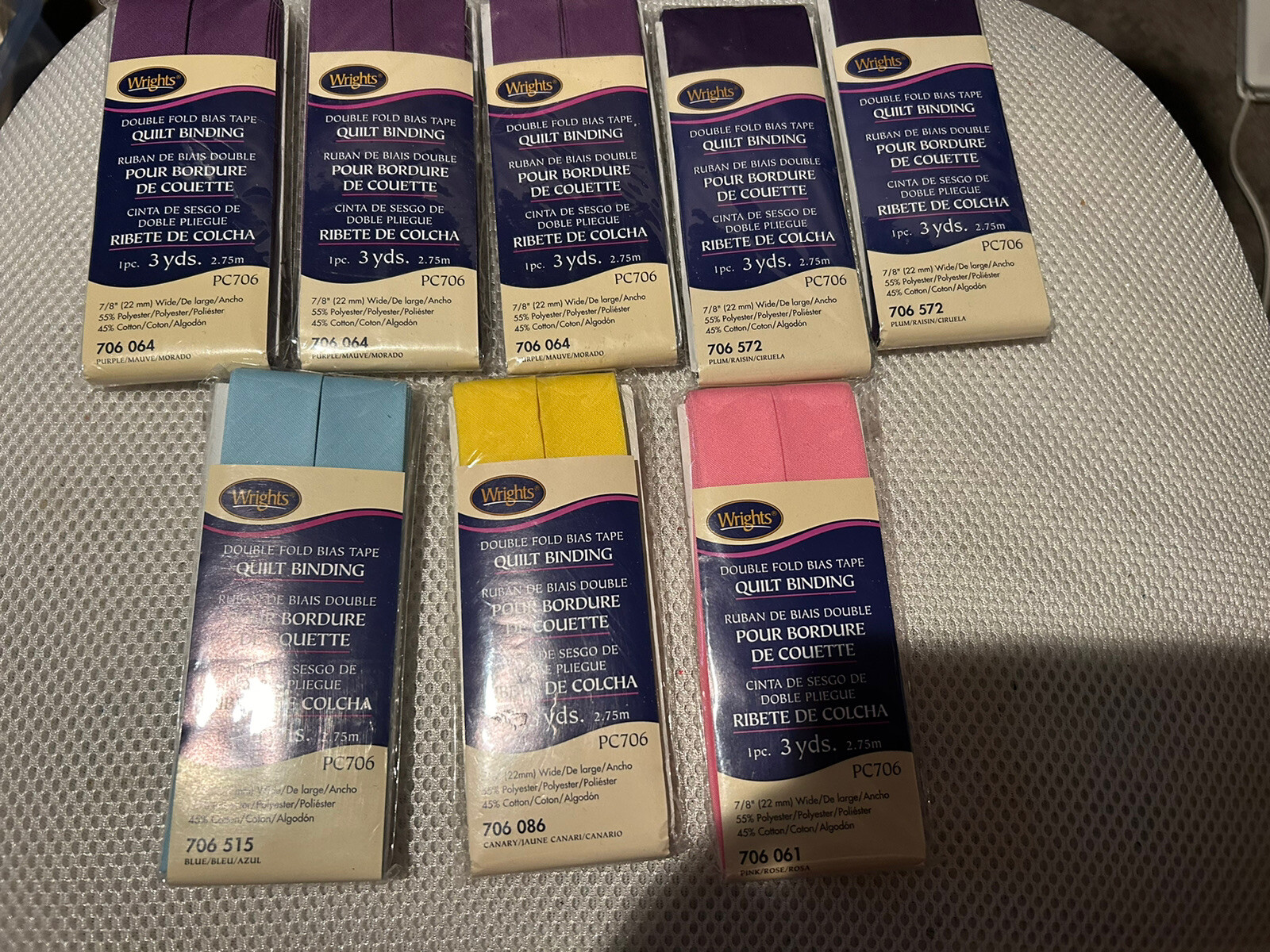 WRIGHTS BIAS TAPE QUILT BINDING, DOUBLE FOLD, LOT OF 8, ASSORTED COLORS