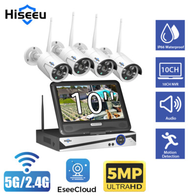 Hiseeu 5MP Outdoor Wifi CCTV Security Camera System 10CH 10''Monitor NVR HDD Kit