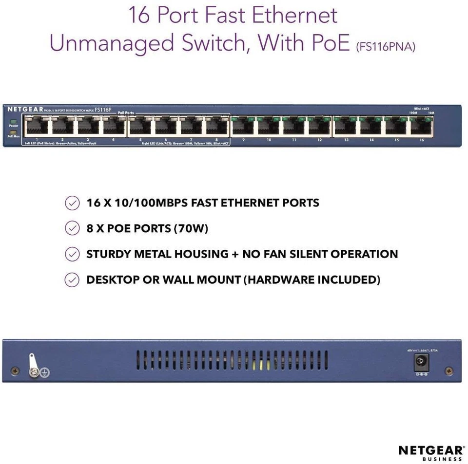 NETGEAR 16-Port Fast Ethernet 10/100 Unmanaged Desktop Switch FS116PEU - Image 2 of 4