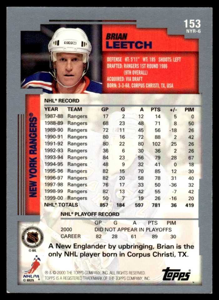 2000-01 Topps BRIAN LEETCH #153 New York Rangers HOF FREE Ship! - Image 2 of 2