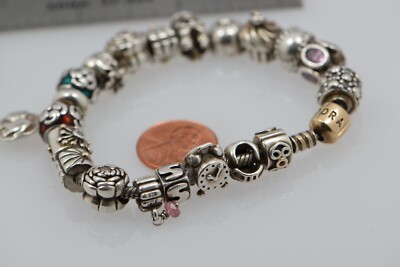 Sterling Silver Pandora Bracelet w/14K Yellow Gold Clasp & several
