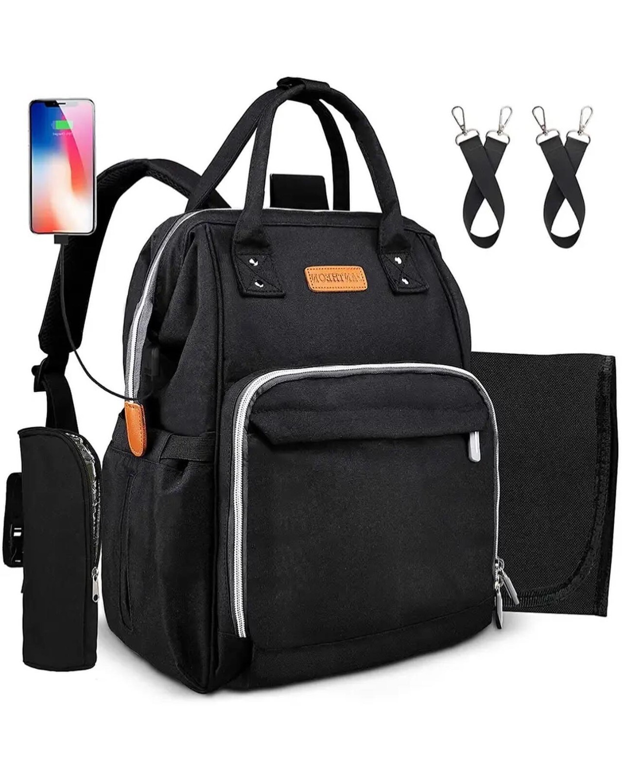 Stylish Black Diaper Bookbag with Stroller Straps, USB Port & Insulated Pockets-image