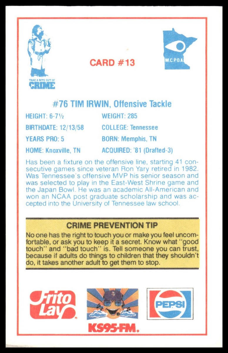 1985 Minnesota Vikings Police #13 Tim Irwin