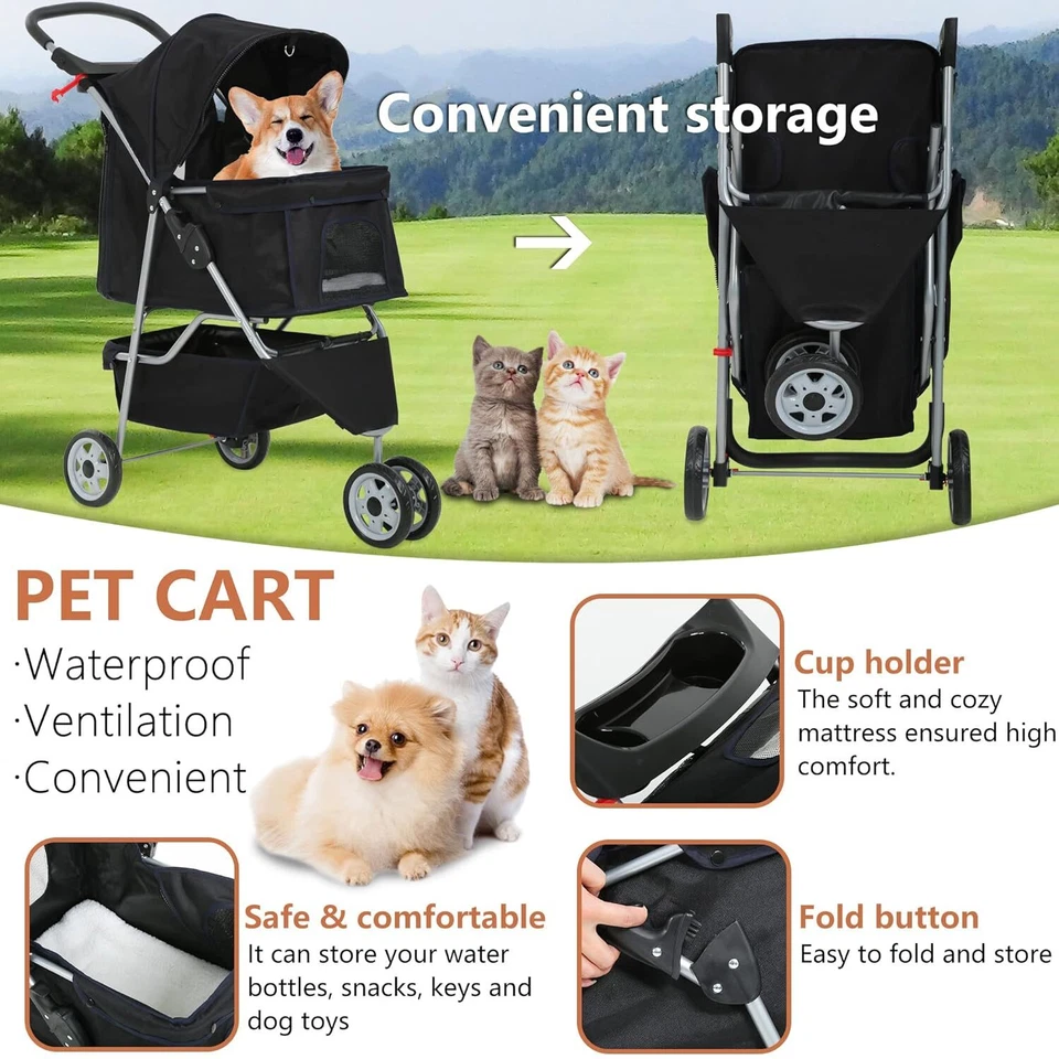 3 Wheels Travel Folding Pet Stroller for Small Medium Dog Cat Jogger Stroller - Image 4 of 4