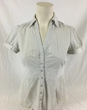 New York and Company Striped Green Button Up V-Neck Shirt Women's Small