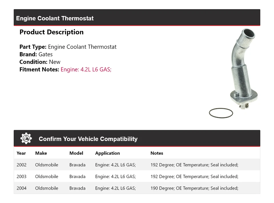 Para Oldsmobile Bravada 2002-2004 4,2 L L6 GAS Motor Refrigerante Termostato Puertas Foto 2 de 4