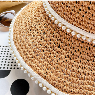 Casquette,Chapeau de soleil en paille avec perles pour femmes,chapeau
